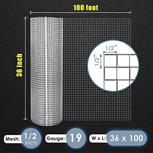 GoldPeak Galvanized Hardware Cloth 1/2 inch 36 x 100 ft 19 Gauge, Hot-dip Galvanized After Welding, Chicken Wire Fencing Wire Mesh Roll Welded Wire Fence Gopher Wire Cloth Rodent Wire