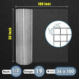 GoldPeak Galvanized Hardware Cloth 1/2 inch 36 x 100 ft 19 Gauge, Hot-dip Galvanized After Welding, Chicken Wire Fencing Wire Mesh Roll Welded Wire Fence Gopher Wire Cloth Rodent Wire