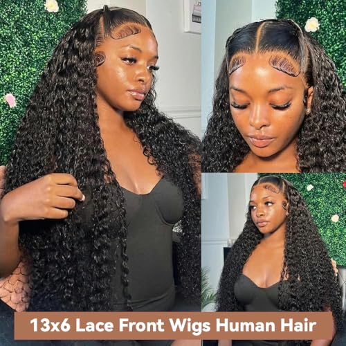 Gufens 30 Inch Deep Wave Lace Front Wigs Human Hair 200 Density 13x6 HD Lace Frontal Wigs Human Hair Pre Plucked Curly Wig for Women