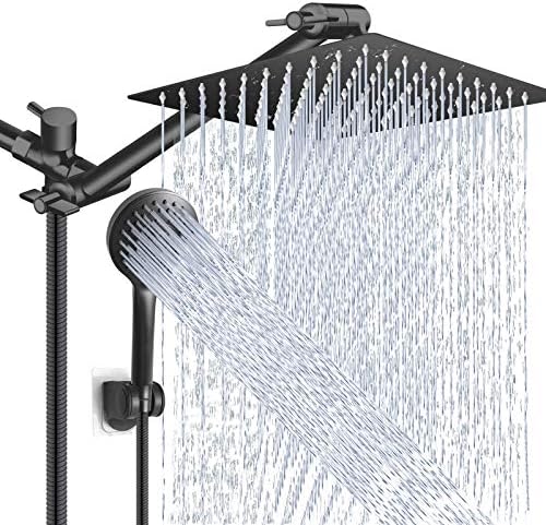 Shower Head Combo,10 Inch High Pressure Rain Shower Head with 11 Inch Adjustable Extension Arm and 5 Settings Handheld Powerful Shower Spray Against Low Pressure Water - Matte Black