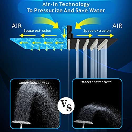 Voolan Rain Shower Head - High Flow Large Rainfall Shower Heads Made of Stainless Steel - Waterfall Bathroom Square Showerhead - Ceiling or Wall Mount (12" Black)