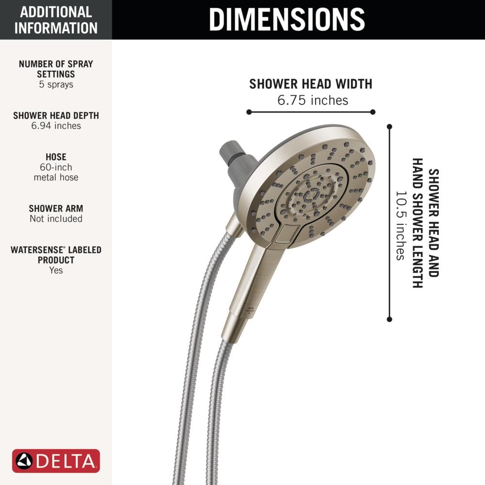 Delta 5-Setting In2ition 2-in-1 Dual Shower Head with Handheld High Pressure ProClean Spray, Brushed Nickel Detachable Shower Head with Hose, 1.75 GPM Flow Rate, Spotshield Brushed Nickel 75548SN