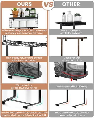 Wall Mounted Towel Rack for Bathroom - Bath Storage Holder Set Above Toilet, Rolled Towel Shelf Organizer, Wood Vertical Rack for Small Bathroom Decor, Black