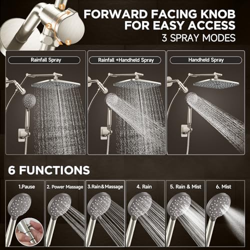 Veken Brushed Nickel Wide Rain Shower Head with 6 Modes Handheld Water Spray, High Pressure Showerhead Combo with Arm, Adjustable Dual Shower with Anti-Clog Nozzles