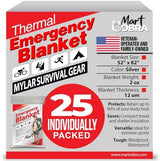 Mart Cobra Emergency Blanket 25-Pack Space Mylar Blankets Survival Gear and Supplies Reusable Thermal Camping Essentials Hiking First Aid Car Emergency Kit Prepper Foil Bug Out Bag Warm Cat Cold Snow