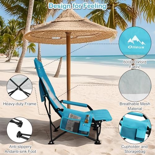 Oileus Folding Portable Beach Chair, High-Back Low-Seat Lightweight Chair for Beach Tents, Shelters, and Camping, Full Mesh Backrest | Cup Holder | Storage Bag | Carrying Bag | 2 Armrests