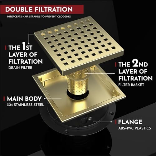 6 Inch Square Shower Floor Drain with Flange,Quadrato Pattern Grate Removable,Food-Grade SUS 304 Stainless Steel,Watermark&CUPC Certified, Brushed Gold