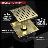 6 Inch Square Shower Floor Drain with Flange,Quadrato Pattern Grate Removable,Food-Grade SUS 304 Stainless Steel,Watermark&CUPC Certified, Brushed Gold