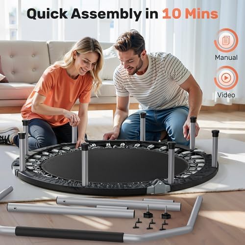 BCAN 40/48" Foldable Mini Trampoline Max Load 330lbs/440lbs, Fitness Rebounder with Adjustable Foam Handle, Exercise Trampoline for Adults Indoor/Garden Workout