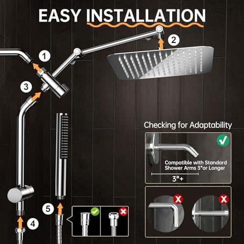 Veken 10" Luxurious All Metal Rain Shower Head with Handheld Spray Combo, High Pressure Rainfall Square Shower Heads with Extention Arm, Wide Dual Showerhead, Bathroom Accessories, Chrome, Silver