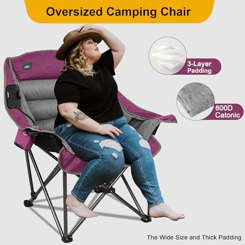Oversized XL Padded Camping Chair w/Cell Phone Holder, Large Camp Lounge Chair, Foldable Lawn Chair w/Cup Holder,Carry Bag for Outdoor Hiking, Beach, Picnics, Heavy-Duty 400-lbs Capacity