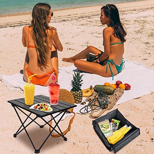 Foldable Camping Side Table, Ultralight Small Beach Aluminum, Portable Outdoor Table with Carry Bag and Storage for Picnic, Grill, Hiking, Fishing, Sand, Camping, Black