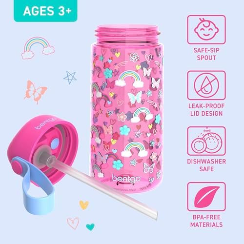 Bentgo Kids Water Bottle - Leak-Proof, Durable Tritan, BPA-Free 15 oz. Cup for Kids/Toddlers Ages 3+, Safe Sip Spout, Carrying Handle, & Dishwasher Safe for School & Sports (Rainbows & Butterflies)