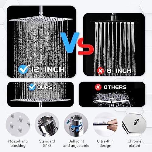 12''Rainfall Shower Head with Handheld Combo High Pressure 8+2 MODE built-in power wash, Stainless Steel Chrome Showerhead with 11'' Extension Arm Height/Angle Adjustable with Holder&60"Hose