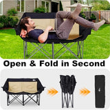 Double Camping Chair Loveseat Camping Chair Double Folding Chair Camp Chairs for Adults Heavy Duty Two Person Camp Chair Padded Camping Couch 2 Person Lawn Chairs - Support 650 lbs - Khaki
