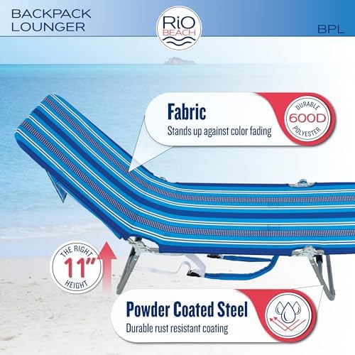 Rio Beach Portable Lay Flat Folding Backpack Beach Lounge Chair with Backpack Straps and Storage Pouch, Orange and Green