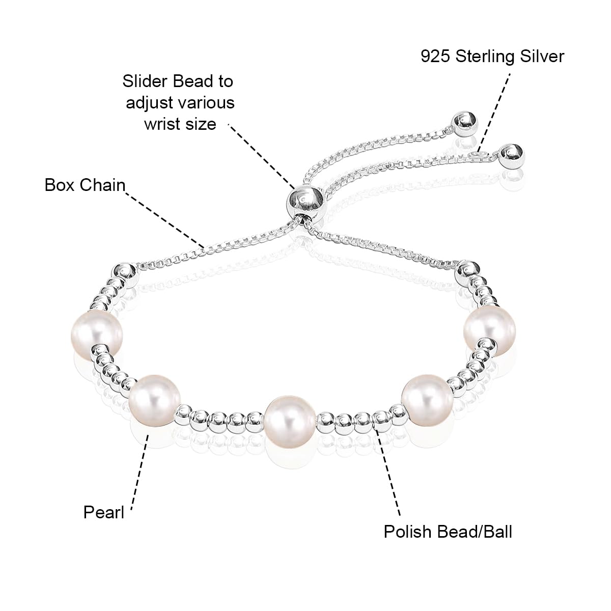 LeCalla 925 Sterling Silver Pearl Bracelets for Women | Adjustable Slider Simulated Pearl Beaded Bolo Bracelet Jewelry Gifts for Mom Wife
