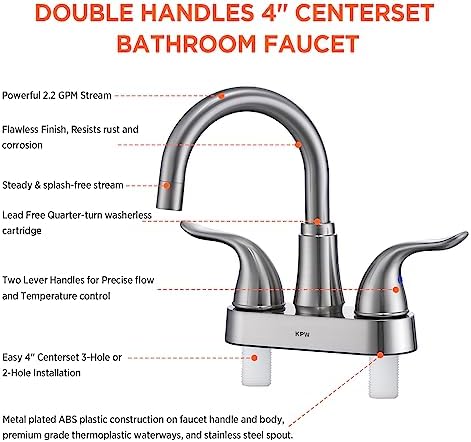 KPW Bathroom Sink Faucet 2 or 3 Hole Brushed Nickel Centerset 4 Inch Bathroom Sink Faucet 2 Handle Over ABS Non-Metallic Lavatory Bathroom Faucet with Pop up Drain Water Supply Hoses