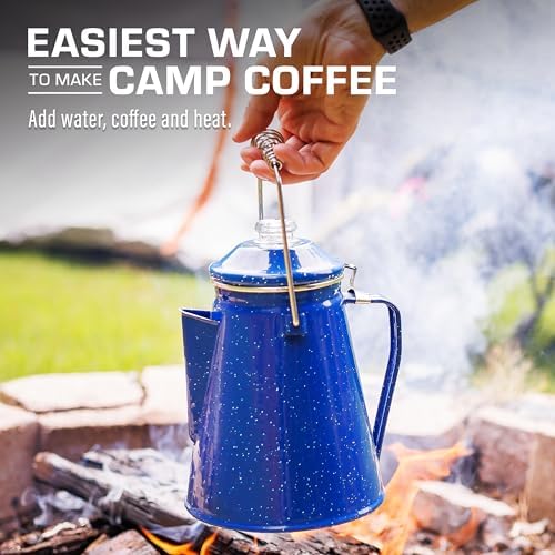 COLETTI Classic Camping Coffee Pot & Mug Set - Percolator Coffee Pot, Enamel Mug Complete Nostalgic Bundle German Imported Enamel Powder [12 oz, Set of 4] (Blue)