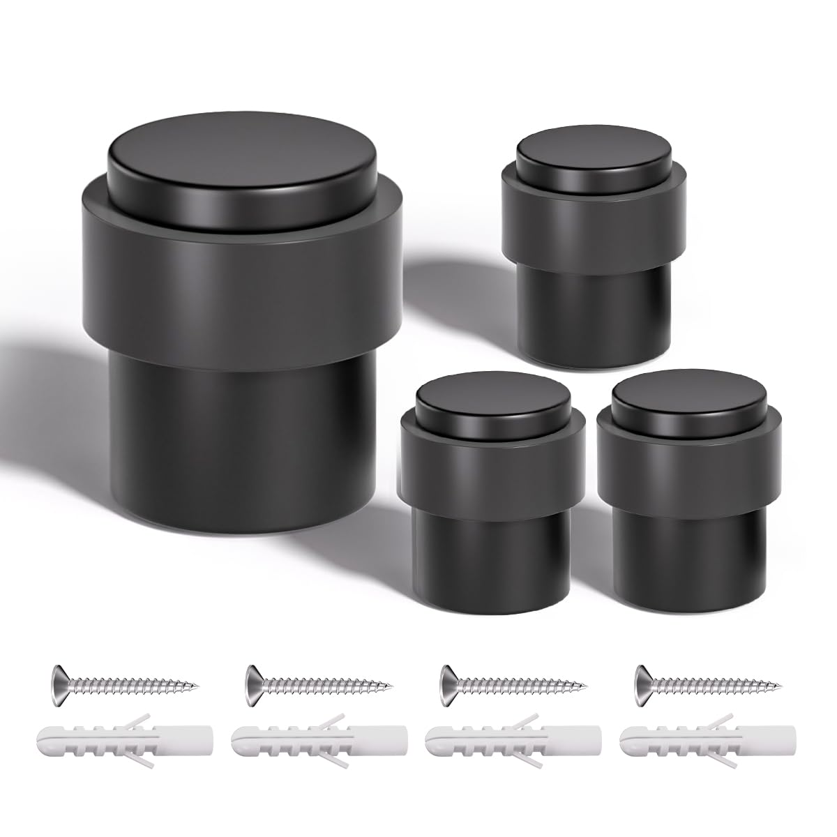 SANATO Black Cylindrical Floor Mounted Stainless Steel 304 Door Stop Door Stopper with Black Rubber, 4 Pack