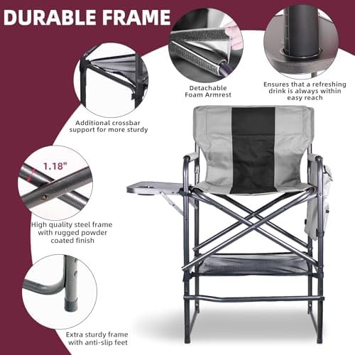 30" Tall Directors Chair with Side Table, 400LBS Bar Height Folding Camping Chair for Makeup Artists, Outdoor Events, Portable Foldable Chair with Cup Holder & footrest - Gray/Black