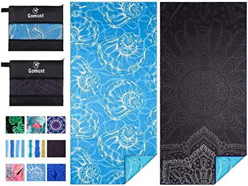 2 Pack Lightweight Thin Beach Towel Oversized 71"x32" Big Extra Large Microfiber Sand Free Towels for Adult Quick Dry Travel Camping Beach Accessories Vacation Essential Gift Black Mandala Blue Shell