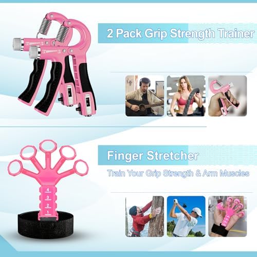 Grip Strength Trainer(5 Pack) with Finger Exerciser, Hand Grip Strengthener, Finger Stretcher,Grip Ring & Stress Relief Ball for Muscle Building and Injury Recover with Carry Bag