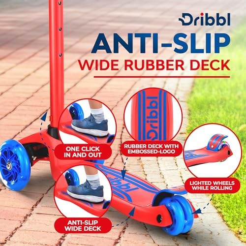3-Wheel Kids Scooter - Lean-to-Steer Technology, Adjustable Height Handlebar, Anti-Slip Deck, Scooter for Boys & Girls Ages 3+, Child Safety Approved, Support Riders Up To 165 lbs, Red and Blue