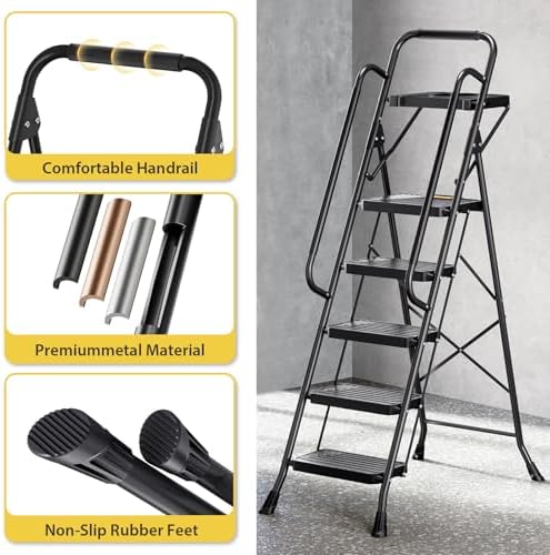 KINGRACK 5 Step Ladder, Sturdy Steel Step Stool with Anti-Slip Wide Pedals, Handrail, Safe-Lock Design, Pass 800lbs Load Testing, Folding Portable Ladder for Multi-Purpose, Home, Kitchen, Black