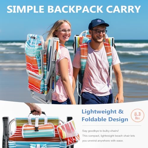 5-Position Aluminum Lay Flat Backpack Beach Chair, Compact Portable Low Beach Chairs for Adults with Cooler Pouch, Storage Pouch, Towel Bar, Cup Holder & Phone Holder, Multicolor Stripe