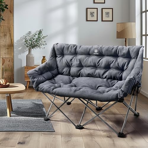 EVER ADVANCED Double Camping Chair for Adults, Padded Folding Camping Love Seat Bench with Side Pocket Portable Camping Couch, Two Person Heavy Duty Folding Outdoor Chair with Cushion,Support 600lbs