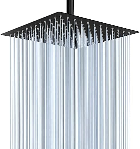 Voolan Rain Shower Head - High Flow Large Rainfall Shower Heads Made of Stainless Steel - Waterfall Bathroom Square Showerhead - Ceiling or Wall Mount (12" Black)