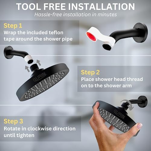 GURIN Shower Head High Pressure Rain, Luxury Bathroom Showerhead with Adjustable Angles, Anti-Clogging Silicone Nozzles - Matte Black, 6 Inch Round