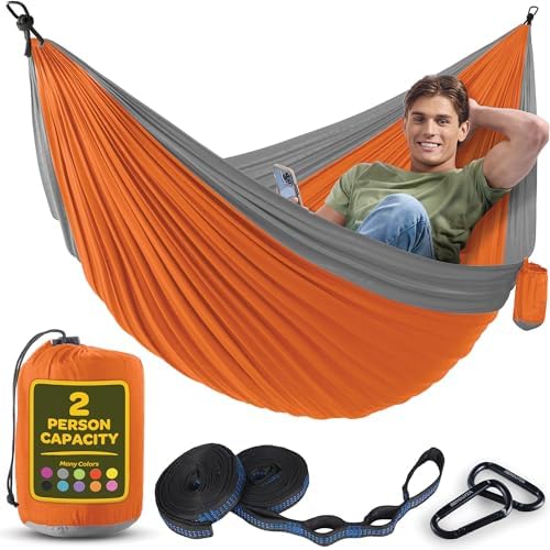 Durable Hammock 500 lb Capacity, Nylon Camping Hammock Chair - Double or Single Sizes w/Tree Straps and Attached Carry Bag - for Travel/Backpacking/Beach/Backyard (Large, Orange & Light Grey)