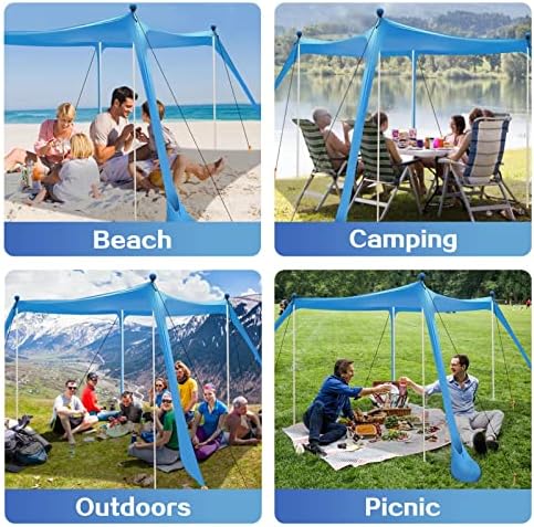 Beach Canopy Beach Tent UPF50+ 11x11 FT Easy to Setup Extra Windproof Rope Sun Shelter Beach Shade Canopy with 4 Stability Poles Outdoor Shade for Beach Camping Family