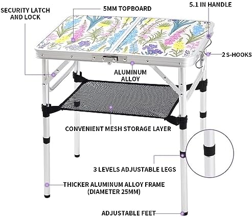 Folding Camping Table 2ft Portable Pinic Table Adjustable Height Small Card Table Aluminum Foldable Lightweight with Carry Handle for Outdoor Indoor Hiking Camp BBQ Beach (Blooming Floral)