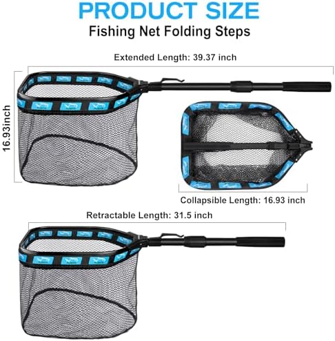PLUSINNO Floating Fishing Net for Steelhead, Salmon, Fly, Kayak, Catfish, Bass, Trout Fishing, Rubber Coated Landing Net for Easy Catch & Release, Compact & Foldable for Easy Transportation & Storage