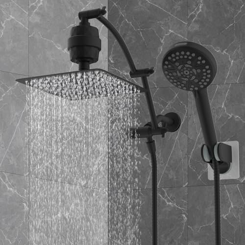 Hibbent All Metal 10'' Dual Filtered Rainfall Shower Head Combo, High Pressure Handheld Shower Head with 16'' Adjustable Extension Arm, 20 Stage Shower Filter, 10-spray, 71'' Shower Hose, Matte Black