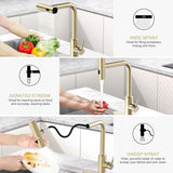 Brushed Gold Single Hole Kitchen Faucets with Pull Down Sprayer, Single Handle, High Flow Water, Pull Out Tap, Stainless Steel Sink Faucet, Suitable for Farmhouse Camper Laundry Rv Bar
