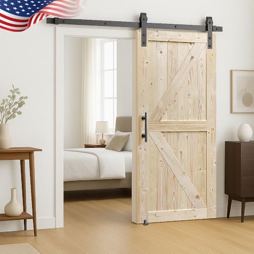 S&Z TOPHAND 36 in. x 84 in. Unfinished British Brace Knotty Barn Door with 6.6FT Sliding Door Hardware Kit/Solid Wood/Sliding Door/Double Surfaces/A Simple Assembly is Required