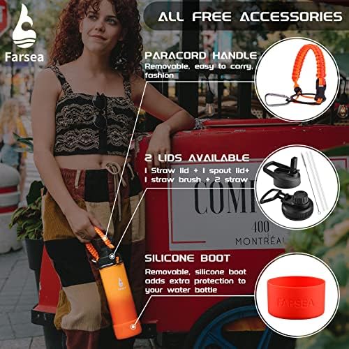 Farsea Insulated Water Bottle With Paracord Handle, Protective Silicone Boot and 2 Lids (Straw Lid & Spout Lid), Stainless Steel Water Bottle Wide Mouth, Double Wall Sweat-Proof BPA-Free, 18 oz