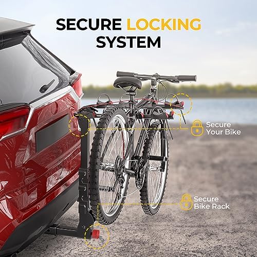 BougeRV Upgrade 2.0 Hitch Bike Rack with Dual Lock for SUV Truck, 165LB Capacity 2/3/4 Bikes Hitch Bike Carrier Rack with 2'' Hitch Receiver, Easy Assembly, Tilting & Foldable Bike Rack Hitch