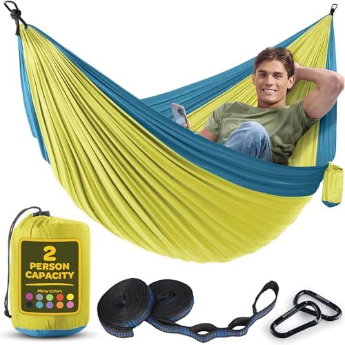 Durable Hammock 500 lb Capacity, Nylon Camping Hammock Chair - Double or Single Sizes w/Tree Straps and Attached Carry Bag - Portable for Travel/Backpacking/Beach/Backyard (Large, Yellow & Blue)