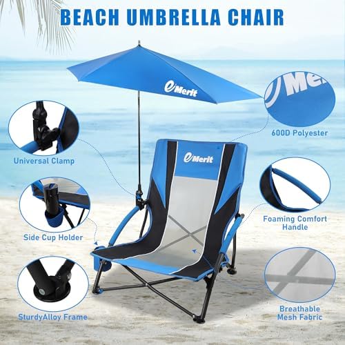 EMERIT Low Beach Chairs for Adults, Sling Beach Chair with Umberalla, Folding Backpack Camping Chair with Cup Holder