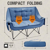 PORTAL Double Camping Chair Sofa 2 Person Loveseat Folding Thicken Camp Chair for Adults with Cup Holder, Outdoors Lawn Camp Soccer Sports, Support 600 lbs (Blue)