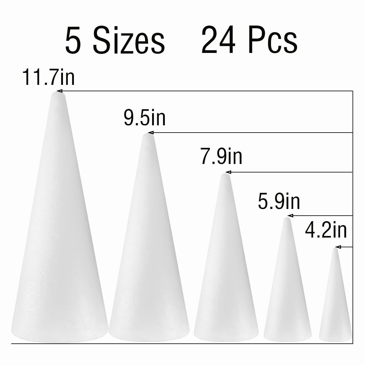 FFchuanhe 24-Pack Craft Foam Cones, Foam Tree Cones, Assorted Sizes White Polystyrene Cones Shaped Foam (4.6.8.10.12in), for Arts and Crafts, Christmas Tree, Wedding, Birthday, DIY Home Craft Project