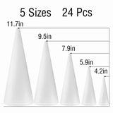 FFchuanhe 24-Pack Craft Foam Cones, Foam Tree Cones, Assorted Sizes White Polystyrene Cones Shaped Foam (4.6.8.10.12in), for Arts and Crafts, Christmas Tree, Wedding, Birthday, DIY Home Craft Project