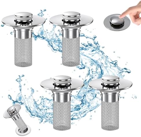 Bathroom Sink Drain Strainer, Pop Up Sink Drain Filter with Removable Stainless Steel Filter Basket Hair Catcher, Bathroom Sink Drain Stopper, for Us Bathroom Sink Stopper Replacement (4pcs)