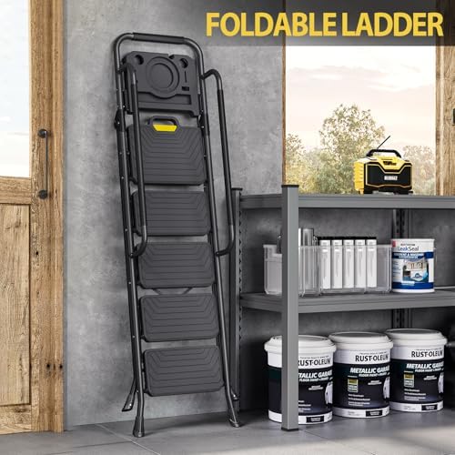 KINGRACK 5 Step Ladder, Sturdy Steel Step Stool with Anti-Slip Wide Pedals, Handrail, Safe-Lock Design, Pass 800lbs Load Testing, Folding Portable Ladder for Multi-Purpose, Home, Kitchen, Black