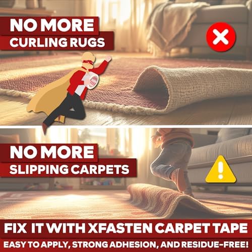 XFasten Double Sided Carpet Tape for Area Rugs 2 Inch x 60 Yards, Residue-Free Carpet Tiles Tape, Removable Heavy-Duty Rug Pad Gripper for Hardwood, Vinyl Flooring Underlayments, Laminate- Wood-Safe